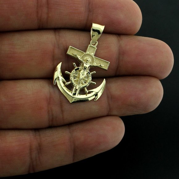 10K Real Gold Rope Chain and Anchor Cross Pendant Set - Picture 3 of 8